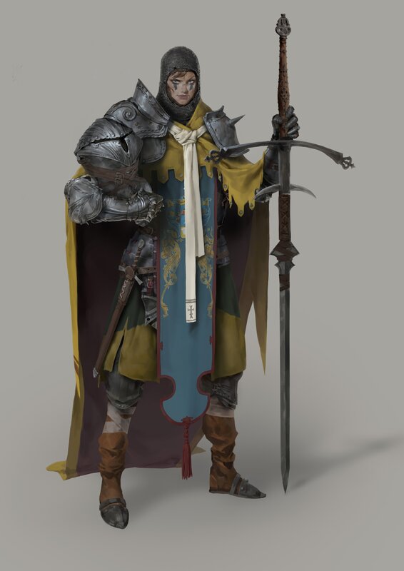 Knight in Armor — Gray, Dramatic, Digital Art, Sword, Shield, Chainmail