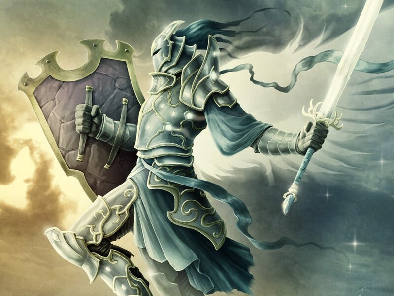 Knight in Armor — Gray, Dramatic, Digital Art, Sword, Shield, Clouds