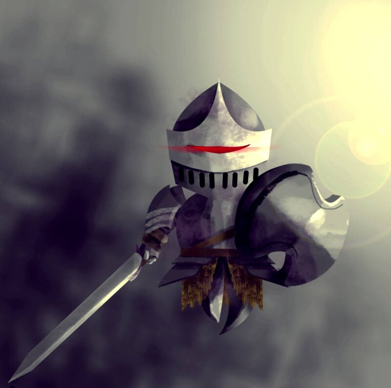 Knight in Armor — Gray, Dramatic, Digital Art, Sword, Shield, Light