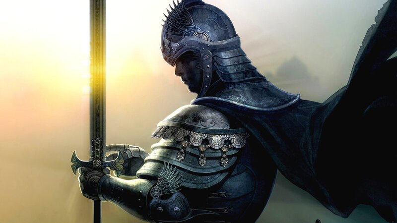 Knight in Armor — Gray, Dramatic, Sunset, Digital Art, Sword, Helmet