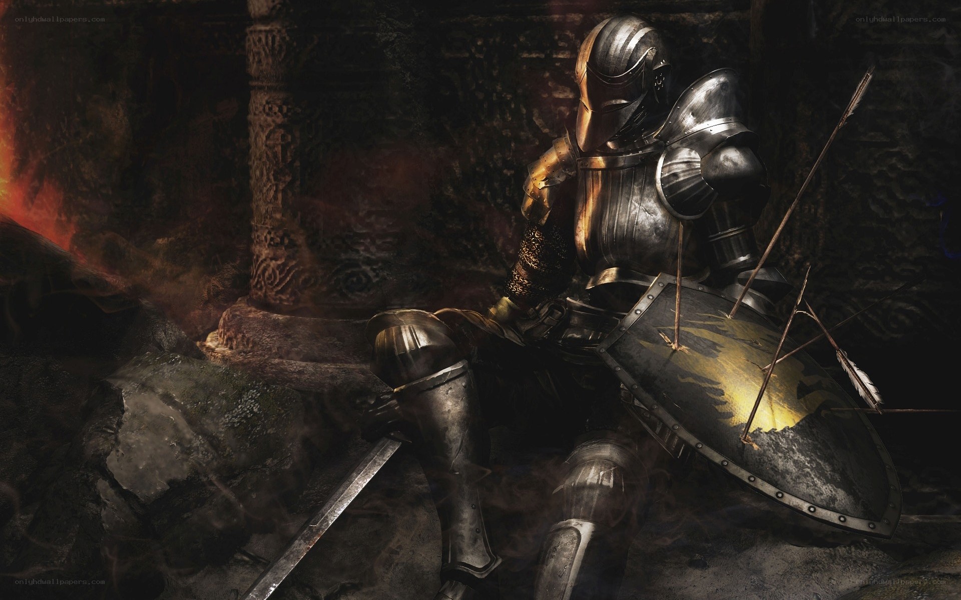 knight in armor in dark dungeon