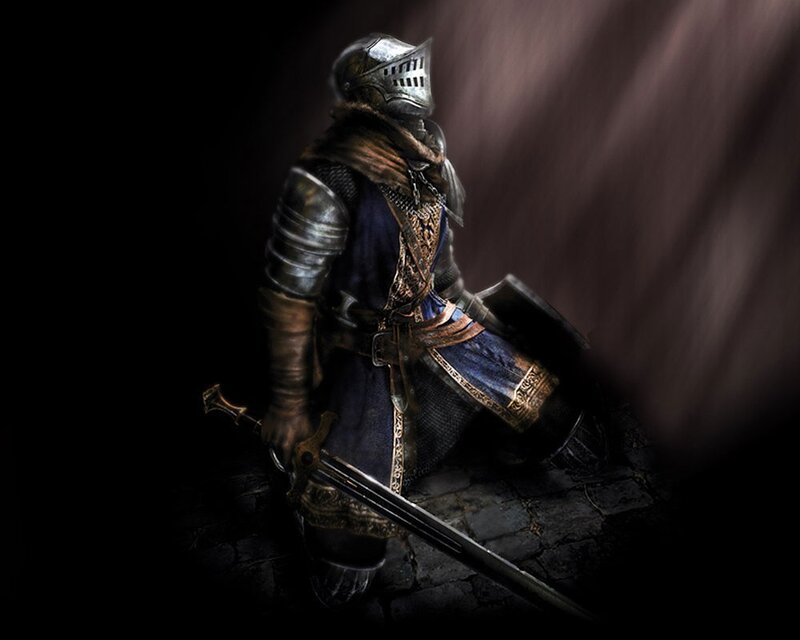 Knight in Armor Kneeling — Black, Dramatic, Night, Digital Art, Sword, Shield, Gray