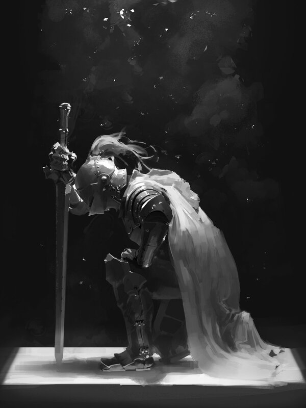 Knight in Armor Kneeling — Black, Dramatic, Night, Digital Art, Sword