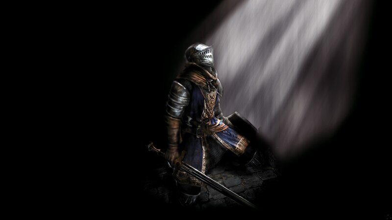 Knight in Armor Kneeling — Black, Dramatic, Night, Digital Art