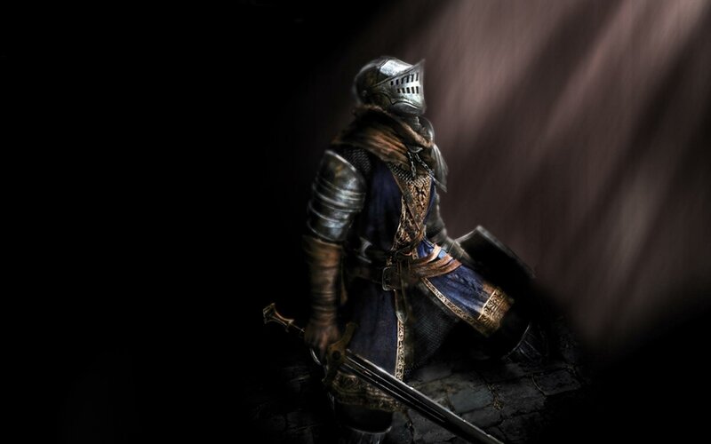 Knight in Armor Kneeling — Black, Dramatic