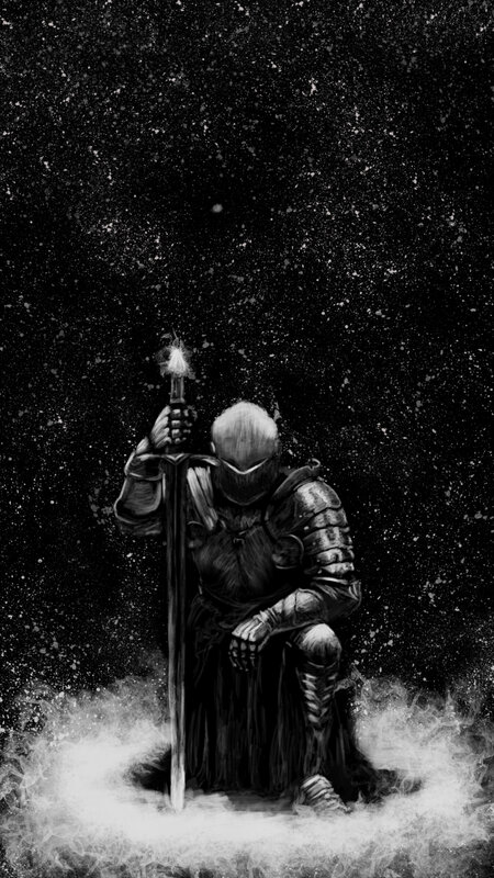 Knight in Armor Kneeling — Black, Dramatic, Winter
