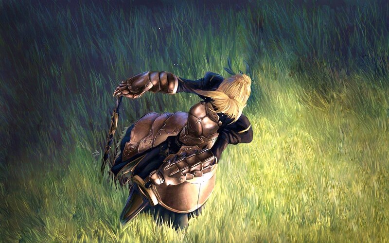 Knight in Armor Kneeling — Green, Dramatic, Afternoon