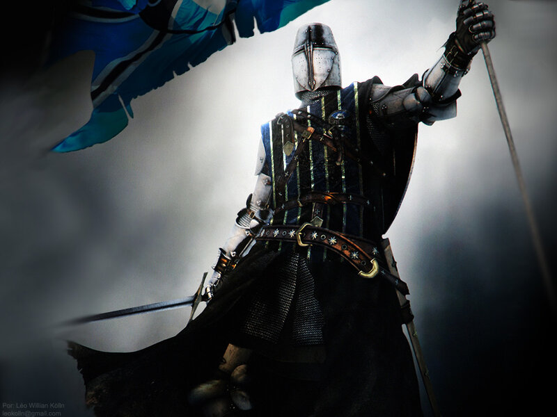 knight in armor with flag