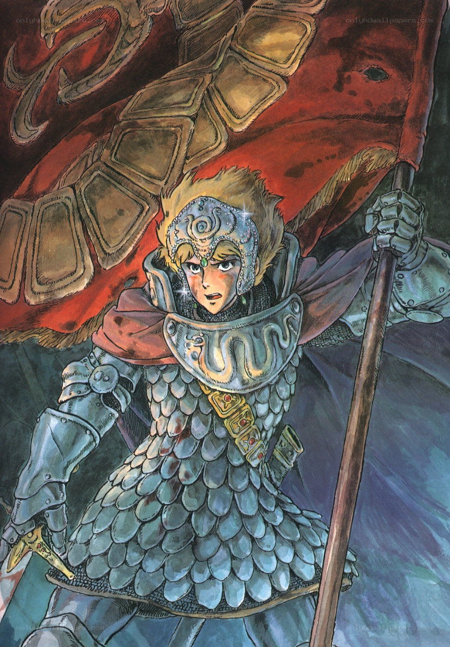 Knight in armor with red banner