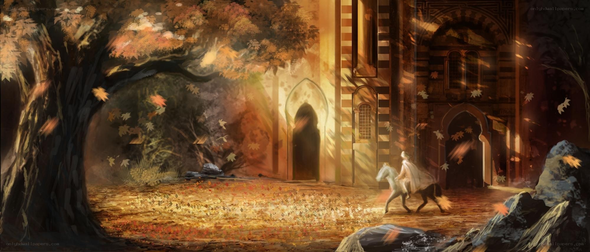 Knight in autumn courtyard