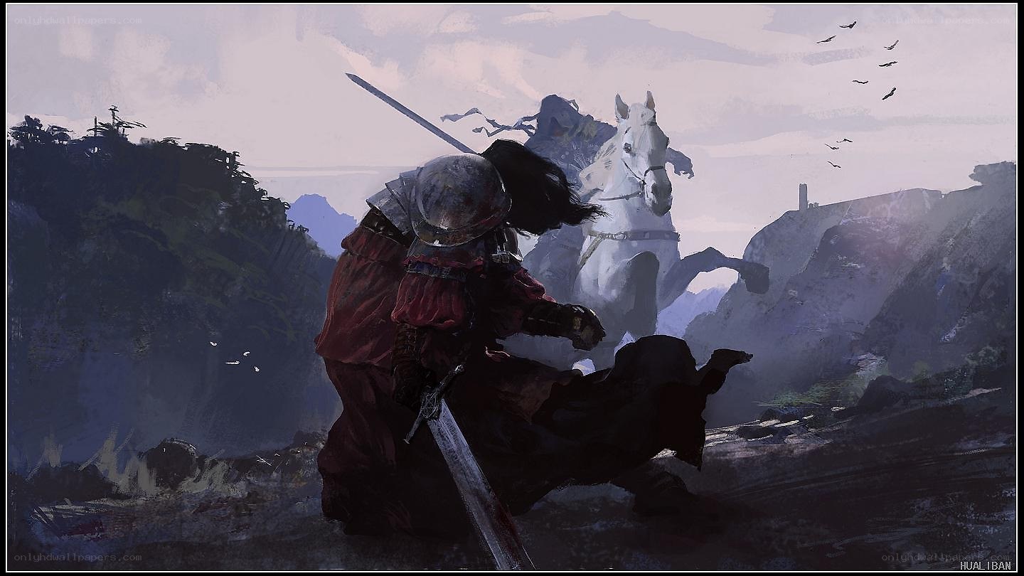 Knight in battle on a mountain path