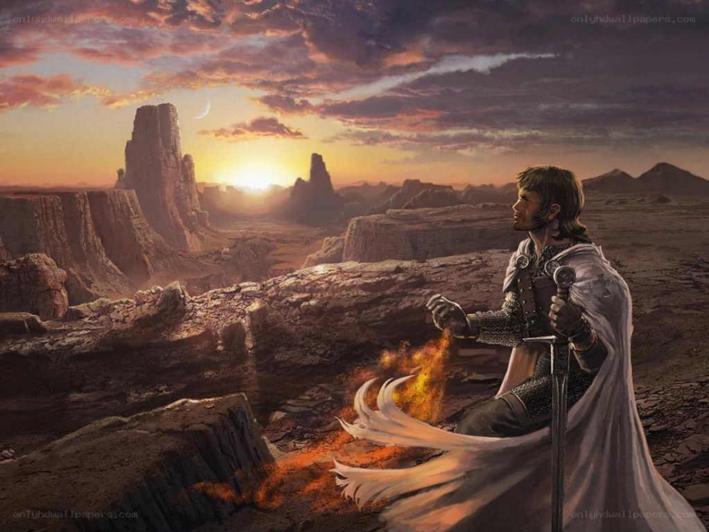 knight in desert at sunset
