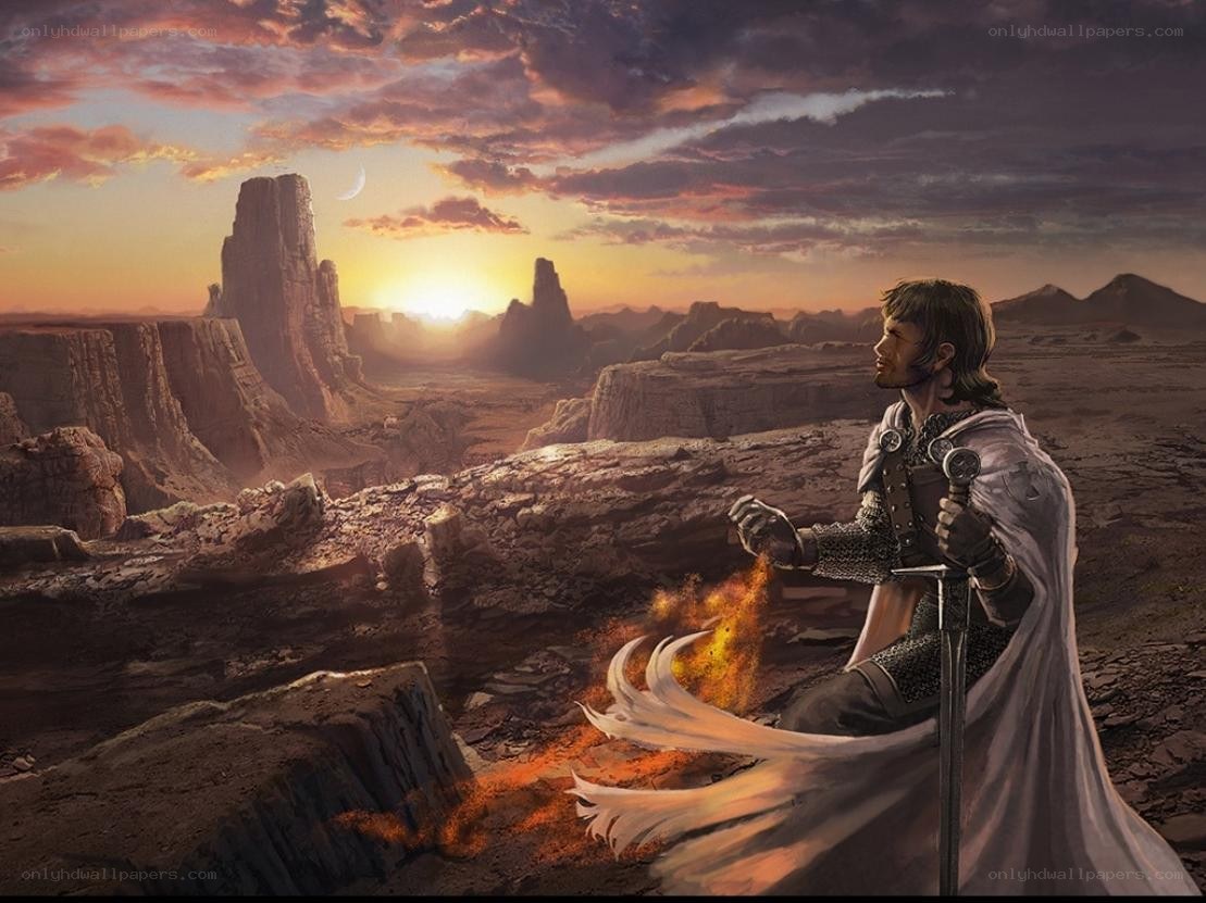 knight in desert at sunset
