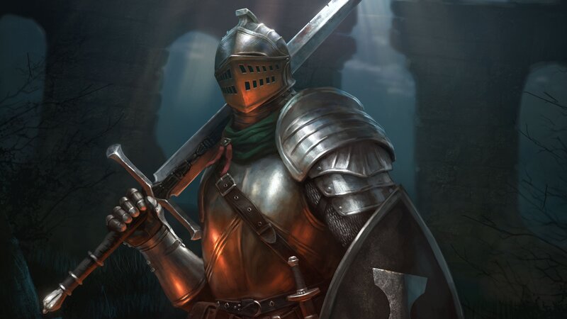Knight in Full Armor — Silver, Dramatic, Night