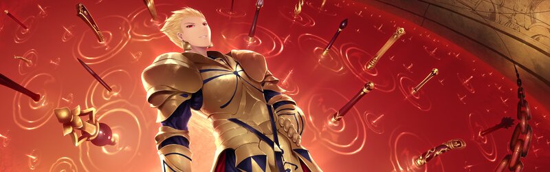 Knight in golden armor surrounded by weapons