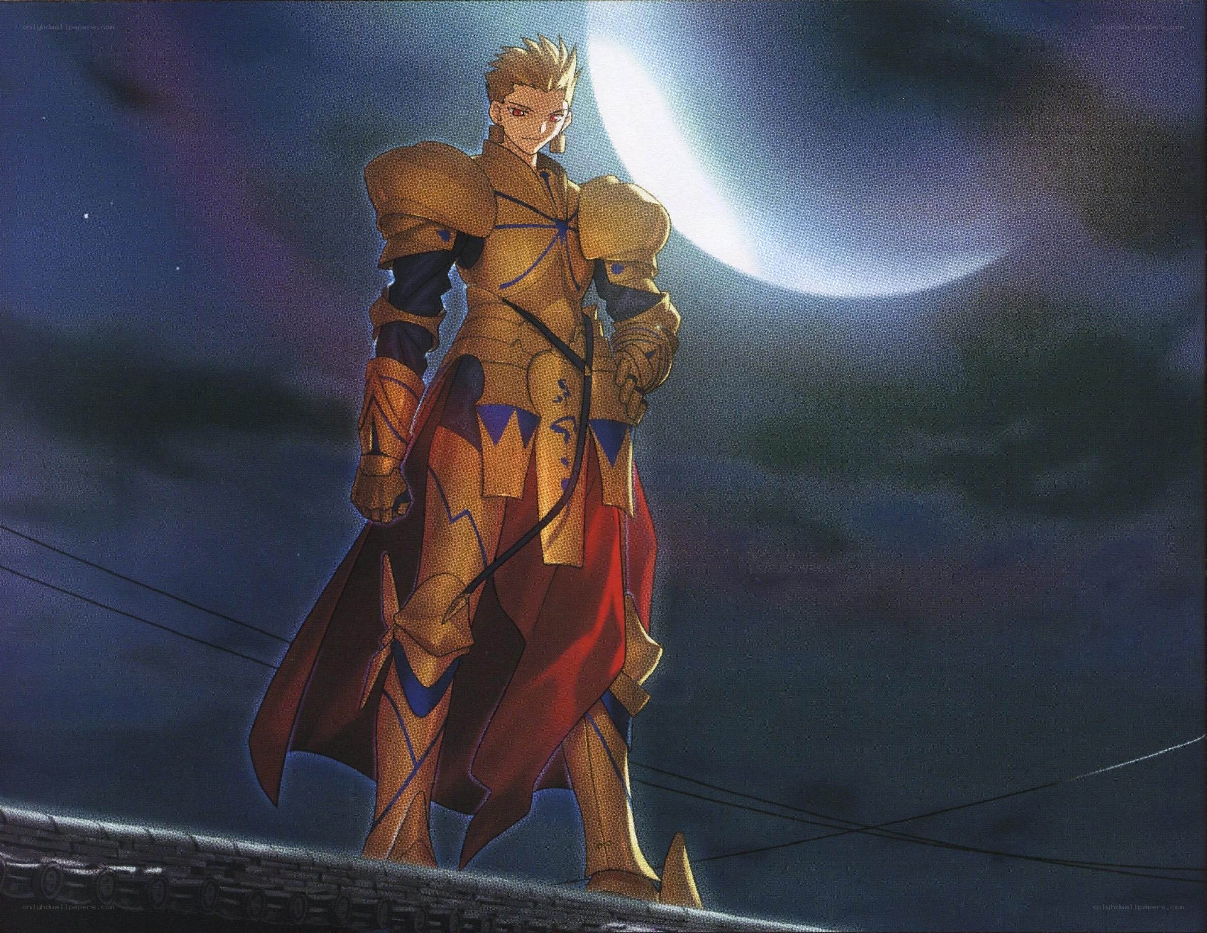Knight in golden armor under moonlight