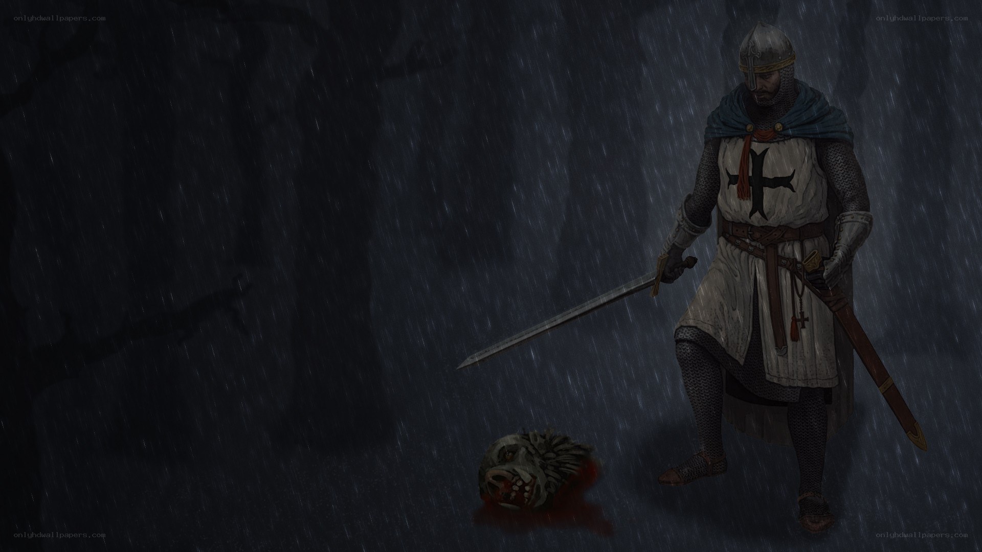knight in the rain with severed head