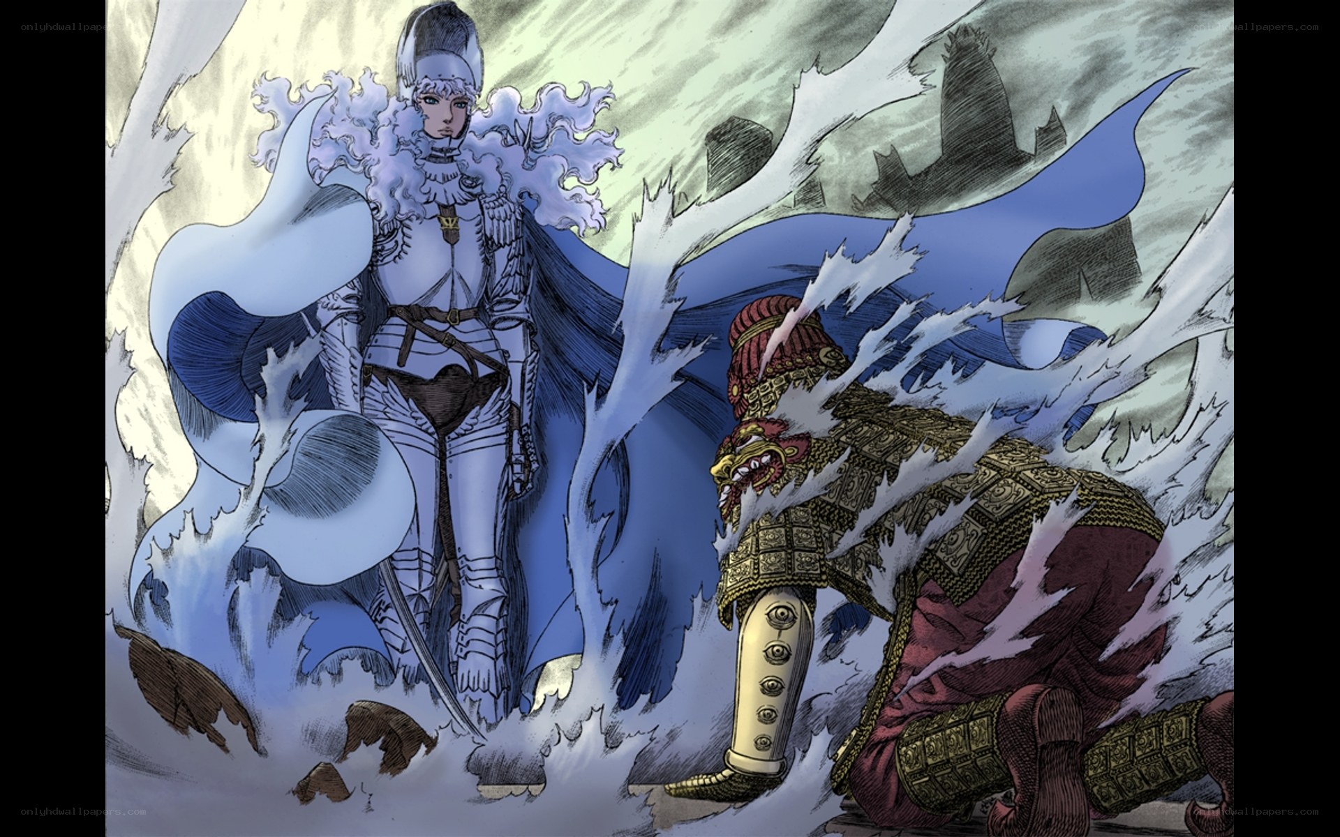 Knight in white armor confronts enemy