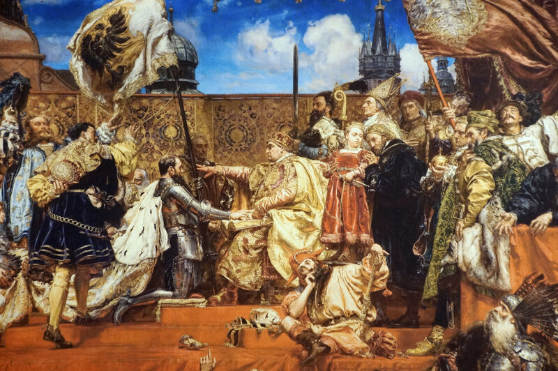 Knight Kneeling Before King — Gold, Dramatic