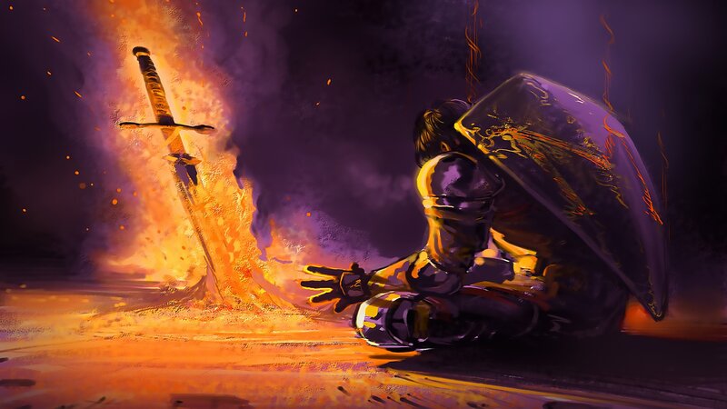 Knight Kneeling in Fire