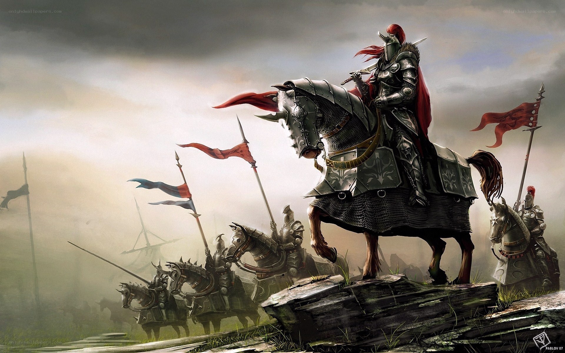 Knight leading armored cavalry