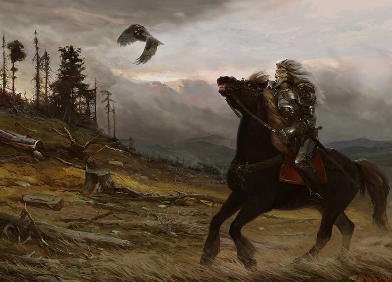 Knight on a black horse in a desolate landscape