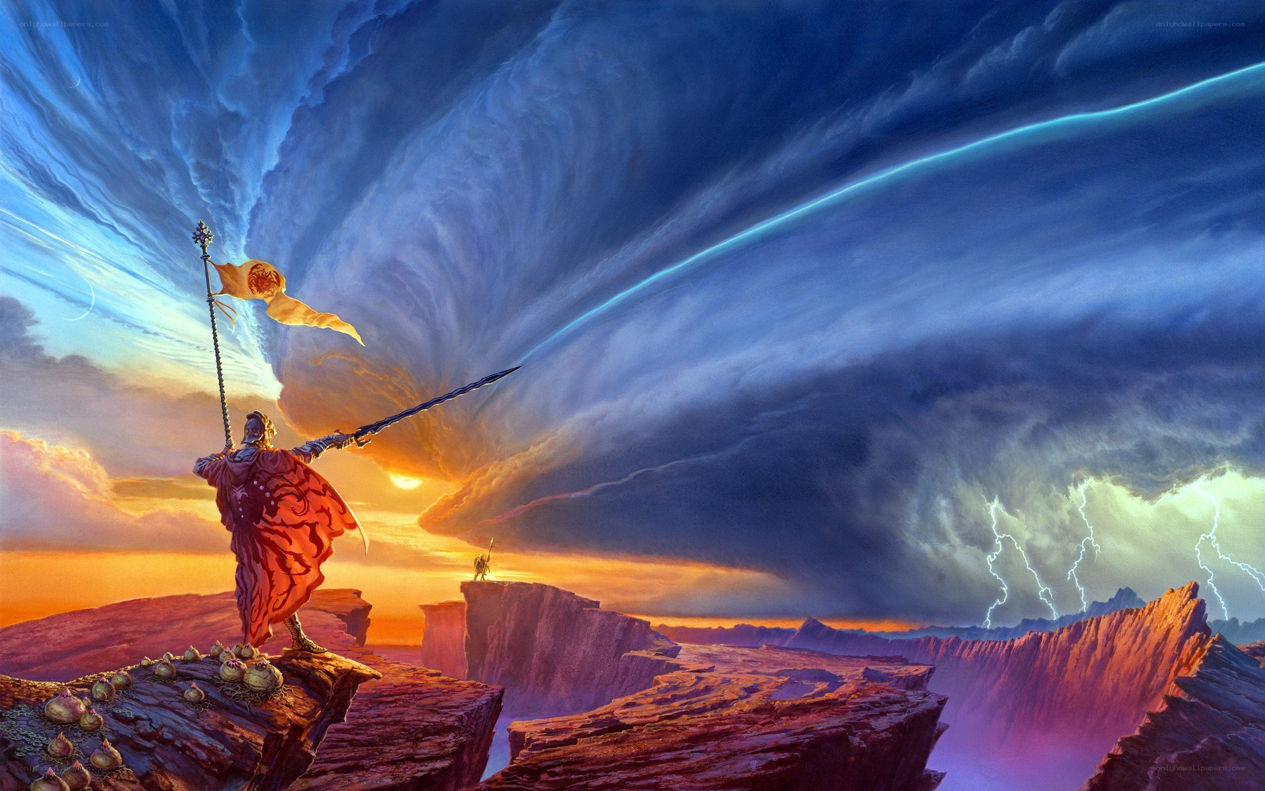 Knight on a cliff at sunset