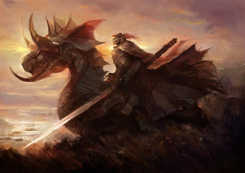 Knight on a dragon at sunset