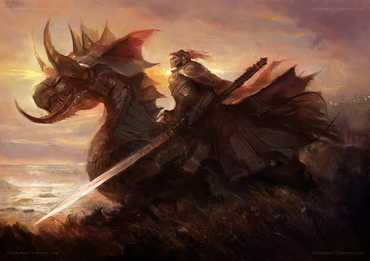 Knight on a dragon at sunset