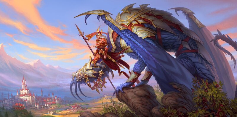 Knight on a dragon in fantasy landscape