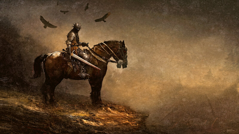 Knight on a Horse — Brown, Dramatic, Sunset