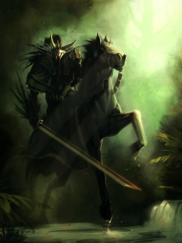 Knight on a horse in a forest