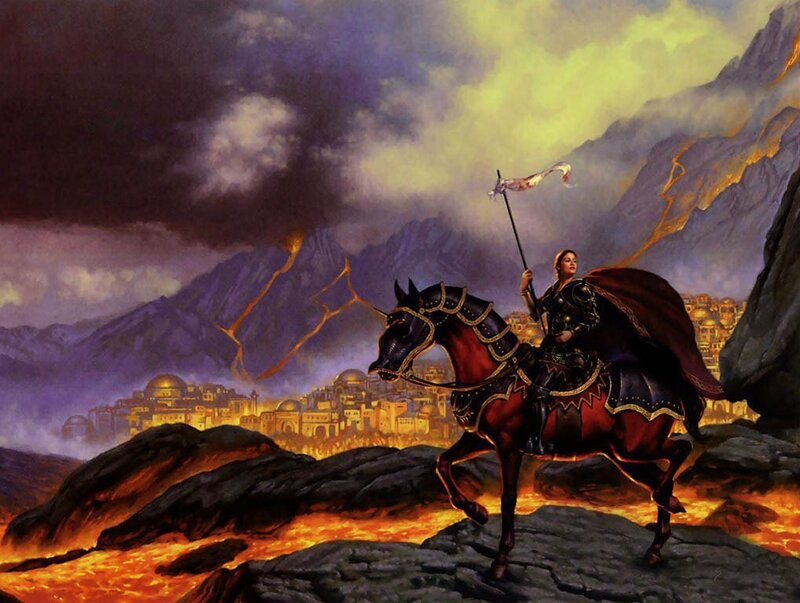 Knight on a horse in a volcanic landscape