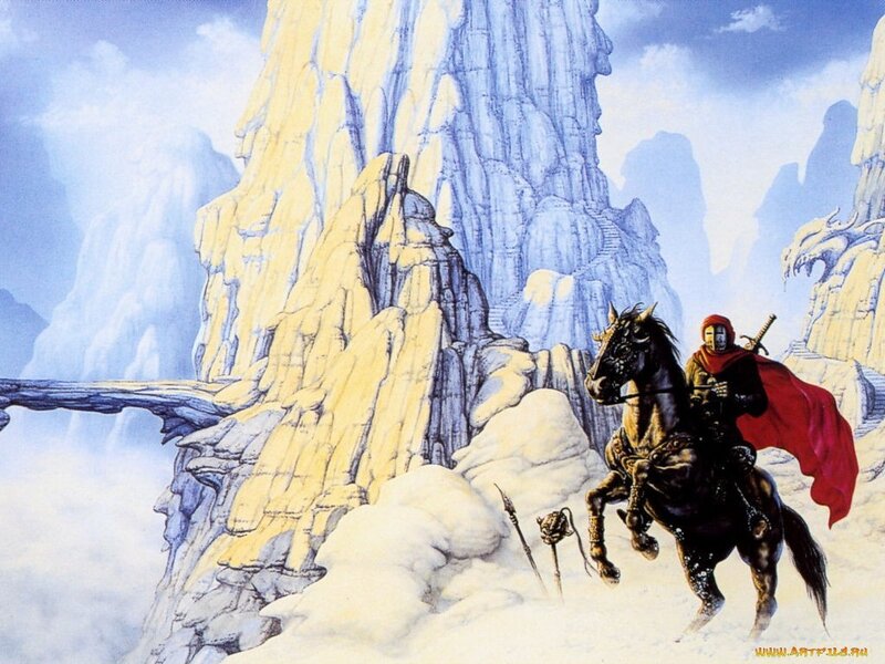 Knight on a horse in snowy mountains