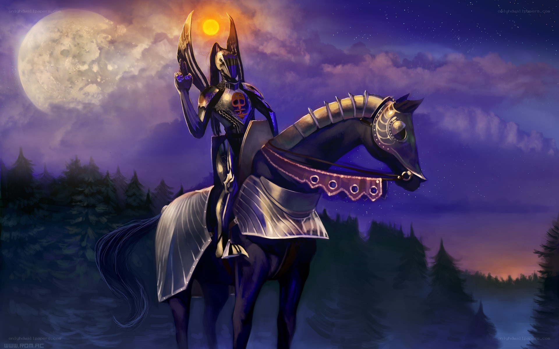 Knight on a horse under moonlight