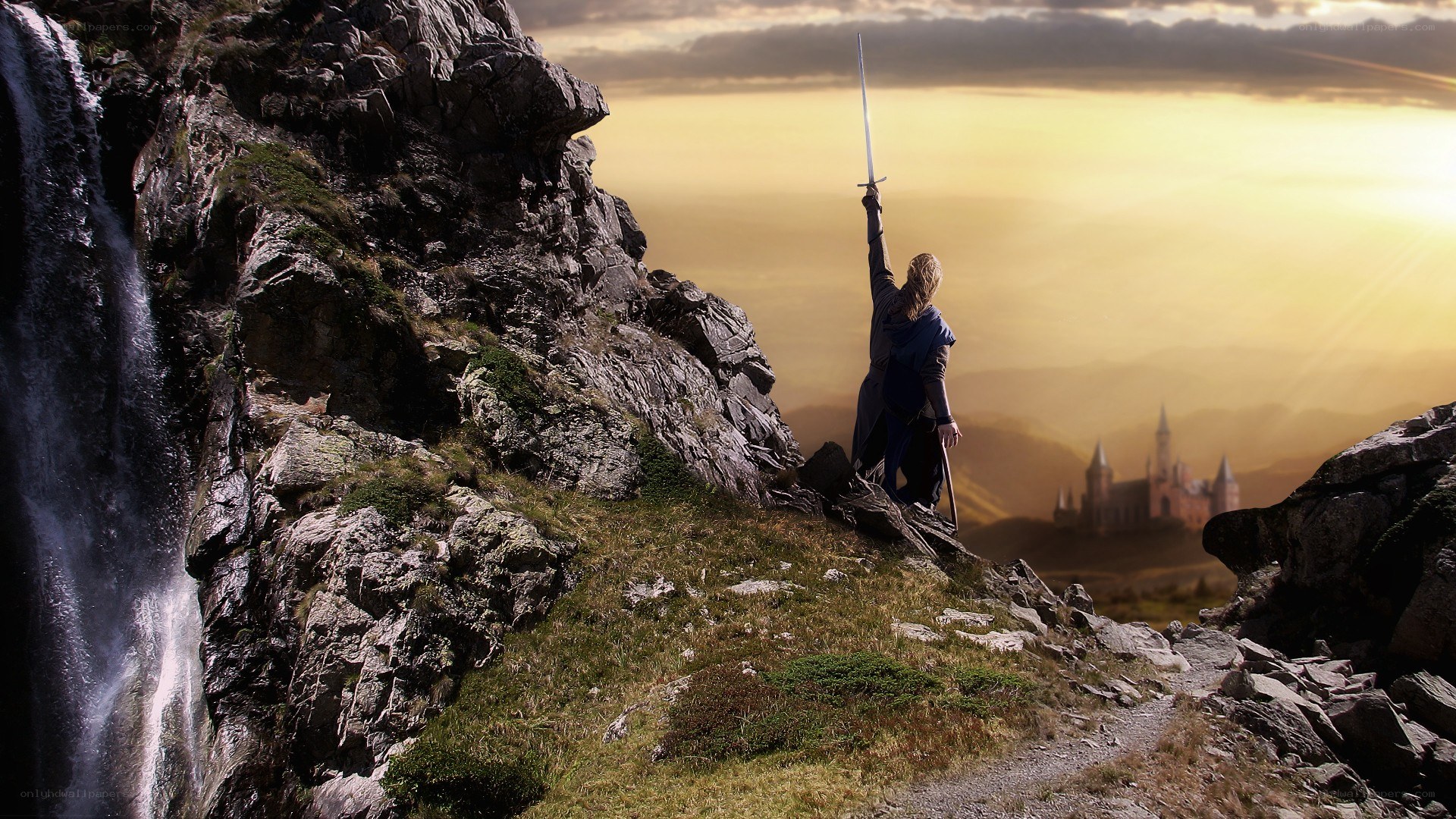 knight on a mountain at sunset