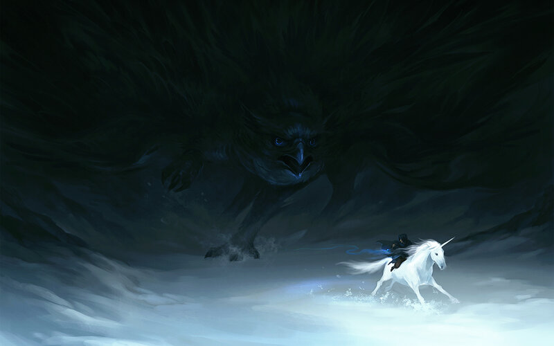 Knight on a unicorn fleeing a giant bird