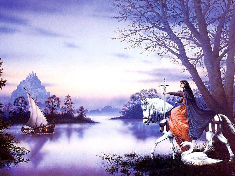 Knight on a white horse by a lake