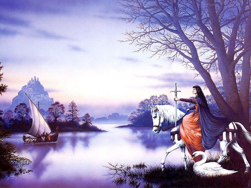 Knight on a white horse by a lake