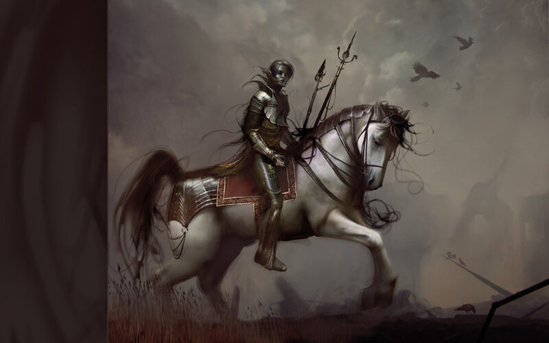 Knight on a White Horse — Gray, Dramatic, Digital Art, Spear