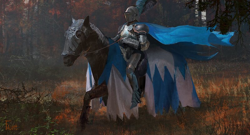 Knight on Armored Horse — Blue, Dramatic, Autumn