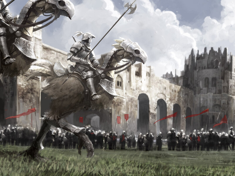 Knight on armored horse charges