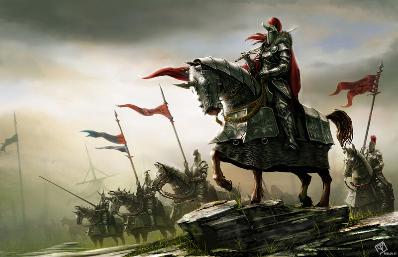Knight on Armored Horse — Gray, Dramatic, Afternoon