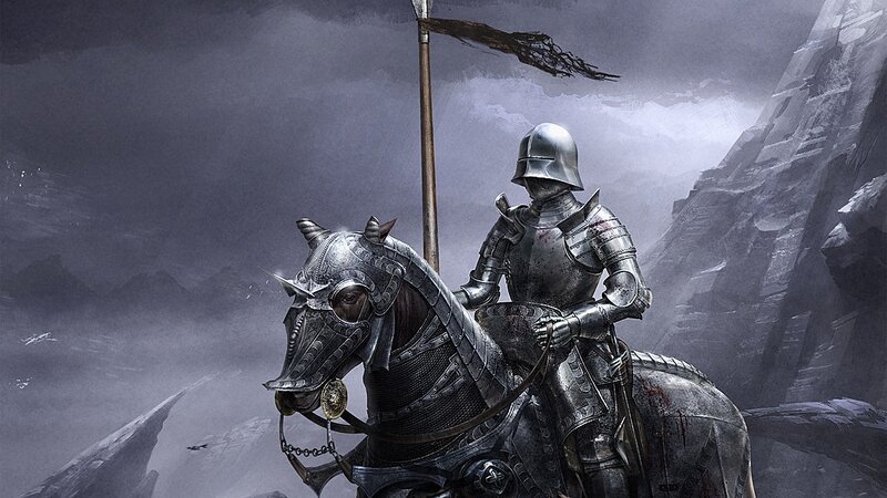 Knight on Armored Horse — Gray, Dramatic, Digital Art, Armor