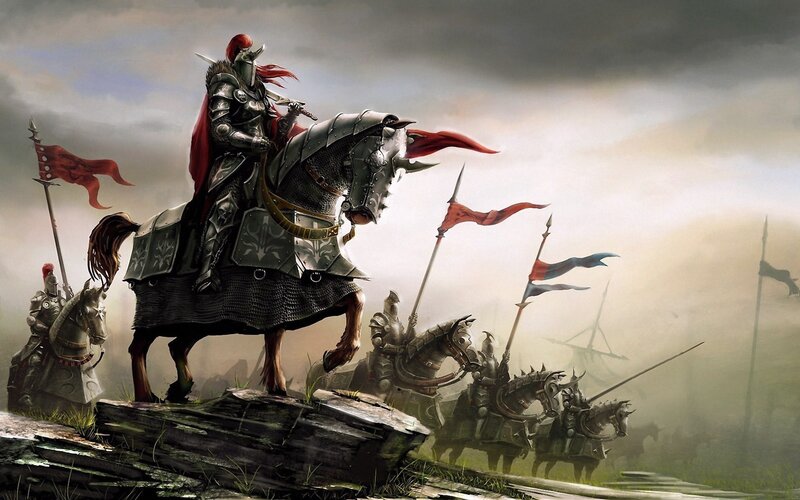 Knight on Armored Horse — Gray, Dramatic, Digital Art, Armored Knights, Banners