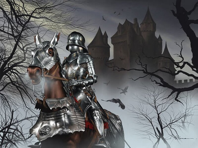 Knight on Armored Horse — Gray, Dramatic, Night