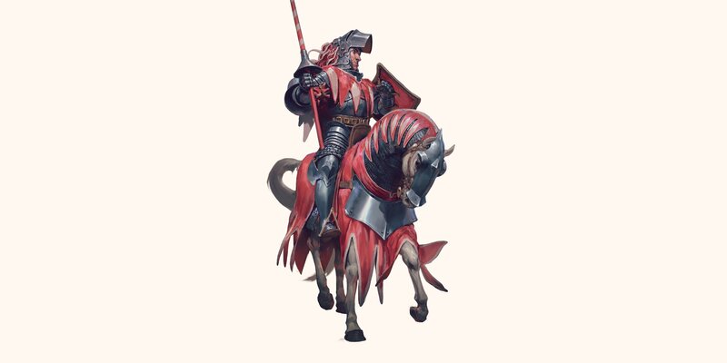 Knight on Armored Horse — Red, Dramatic, Digital Art