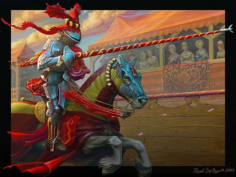Knight on Armored Horse — Red, Dramatic