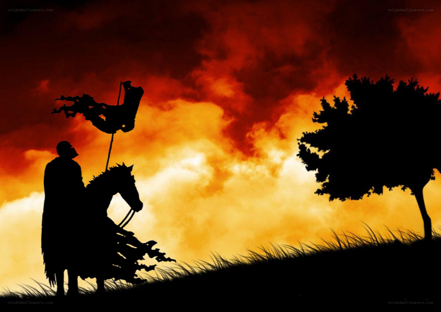 Knight on horse at sunset