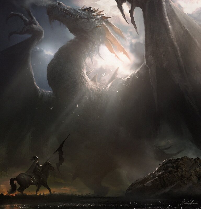Knight on Horse Facing Dragon